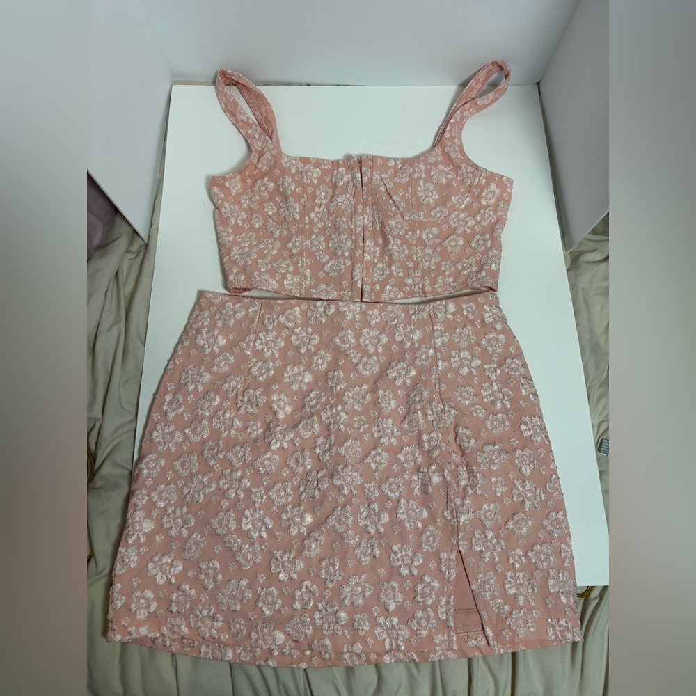 Wild Fable pink and white floral jacquard corset top and mini skirt set,